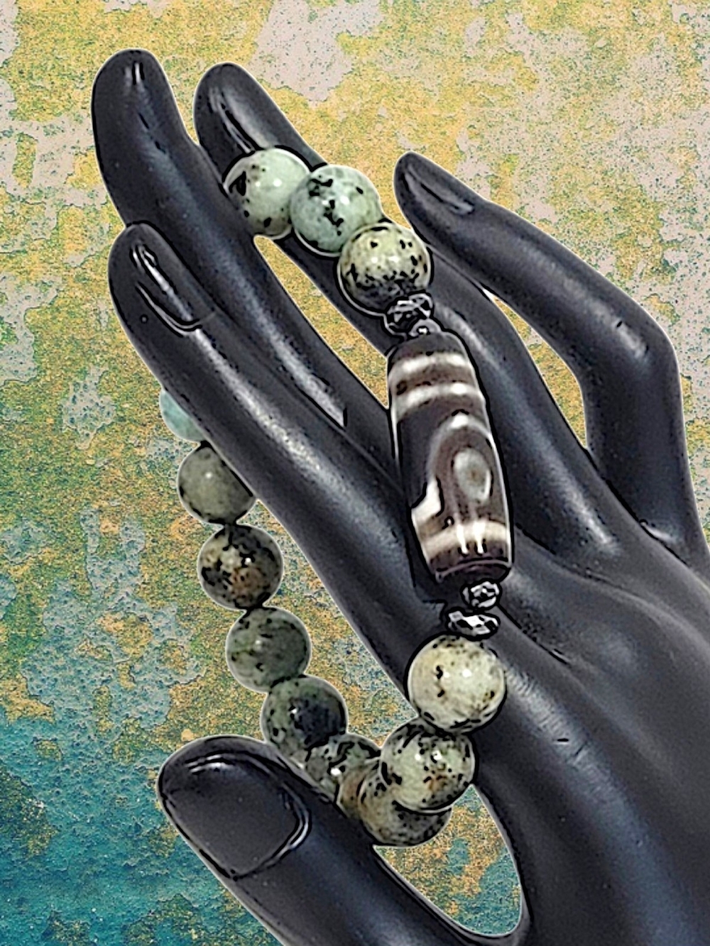 Hand Crafted Dzi Bead Bracelet Two-Eyed Dzi Bead African Turquoise